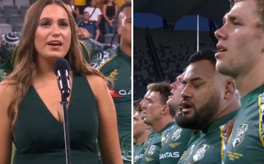 National rugby players sing Australia’s national anthem in Indigenous language for first time before match