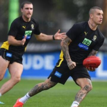 Dustin Martin pictured on first day back to full training with Richmond